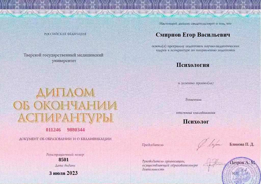 Диплом об окончании аспирантуры Смирнова Егора Васильевича